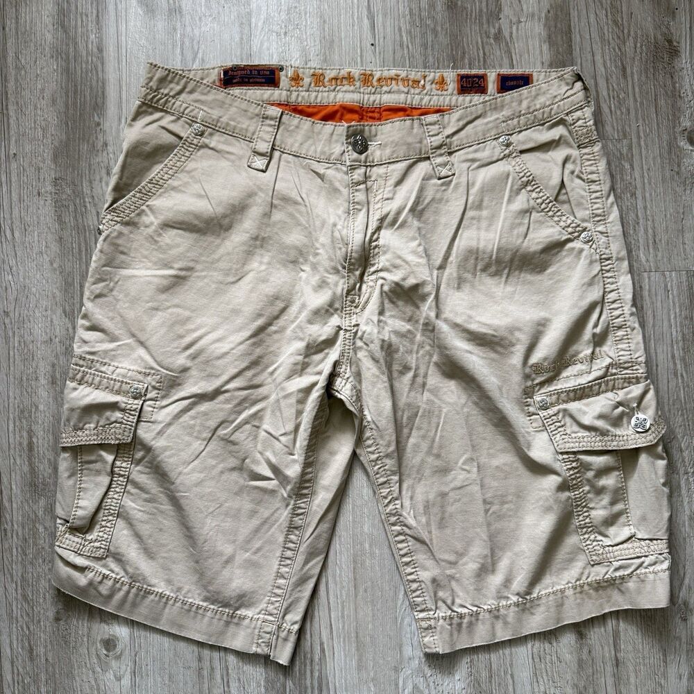 Rock Revival Classic Cargo Shorts Khaki Tan Heavy Stitch Flap Pockets 40 X 24
